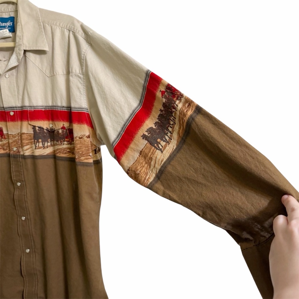 Vintage 90s Wrangler Western Pearl Snap Horse Wagon Print Shirt XL Cowboy Ranch - Picture 6 of 11